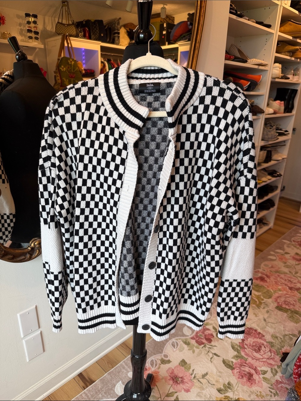 Dressed in LALA Black and White Checkered Knit Cardigan